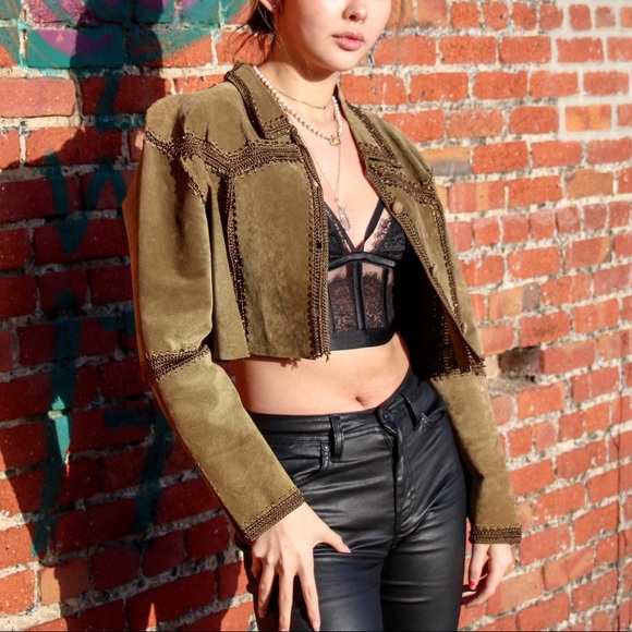 Vintage Olive Green Cropped Suede Leather Jacket - Picture 7 of 8